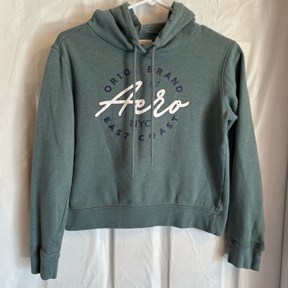 AERO Aeropostale Sz XS Pullover Green Short Hoodie Sweatshirt Spell Out Logo